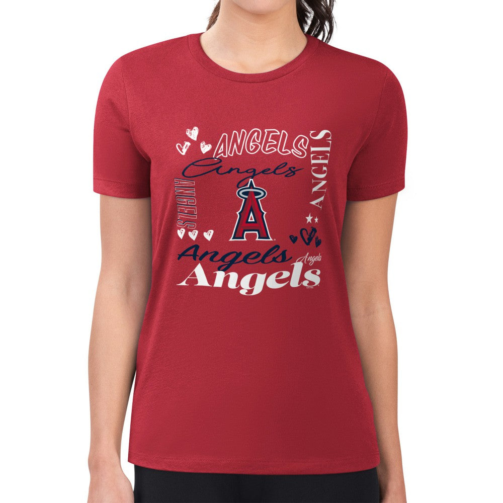 Los Angeles Angels G-III 4Her by Carl Banks Women's Super-Slim Fit Lightweight Collage Team Graphic Crew Neck T-Shirt - Red T-shirts