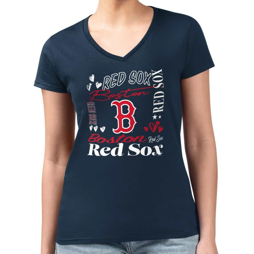 Boston Red Sox G-III 4Her by Carl Banks Women's Super-Slim Fit Lightweight Collage Team Graphic V-Neck T-Shirt - Navy T-shirts