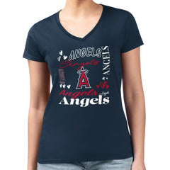 Los Angeles Angels G-III 4Her by Carl Banks Women's Super-Slim Fit Lightweight Collage Team Graphic V-Neck T-Shirt - Navy T-shirts