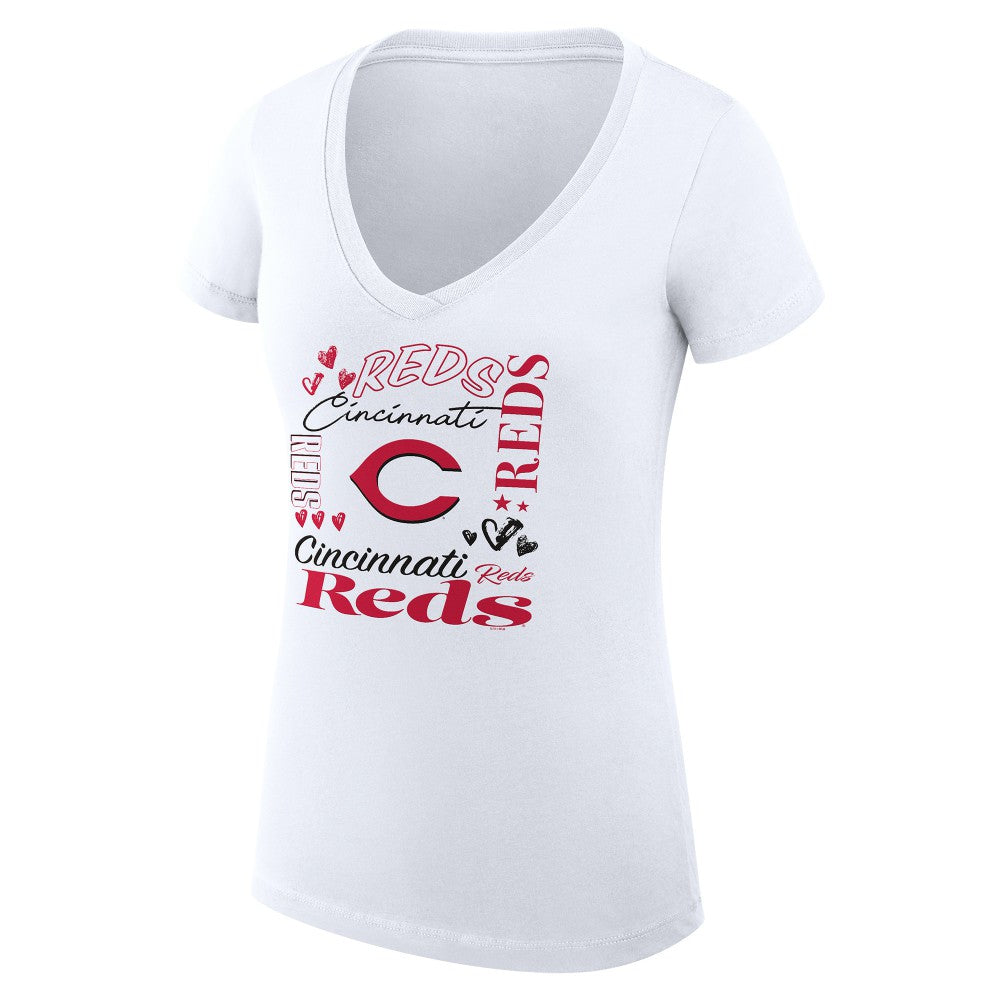 Cincinnati Reds G-III 4Her by Carl Banks Women's Super-Slim Fit Lightweight Collage Team Graphic V-Neck T-Shirt - White T-shirts
