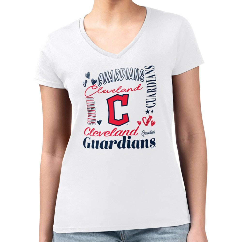 Cleveland Guardians G-III 4Her by Carl Banks Women's Super-Slim Fit Lightweight Collage Team Graphic V-Neck T-Shirt - White T-shirts