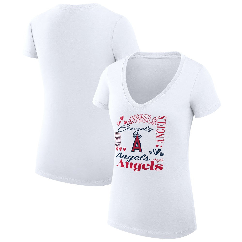 Los Angeles Angels G-III 4Her by Carl Banks Women's Super-Slim Fit Lightweight Collage Team Graphic V-Neck T-Shirt - White T-shirts