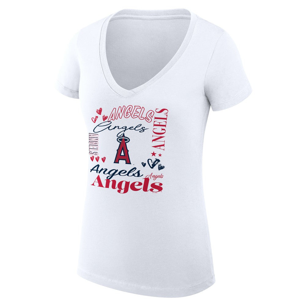 Los Angeles Angels G-III 4Her by Carl Banks Women's Super-Slim Fit Lightweight Collage Team Graphic V-Neck T-Shirt - White T-shirts