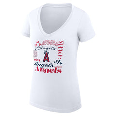 Los Angeles Angels G-III 4Her by Carl Banks Women's Super-Slim Fit Lightweight Collage Team Graphic V-Neck T-Shirt - White T-shirts