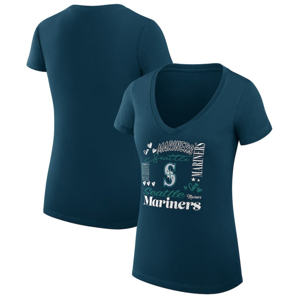 Seattle Mariners G-III 4Her by Carl Banks Women's Super-Slim Fit Lightweight Collage Team Graphic V-Neck T-Shirt - Navy T-shirts