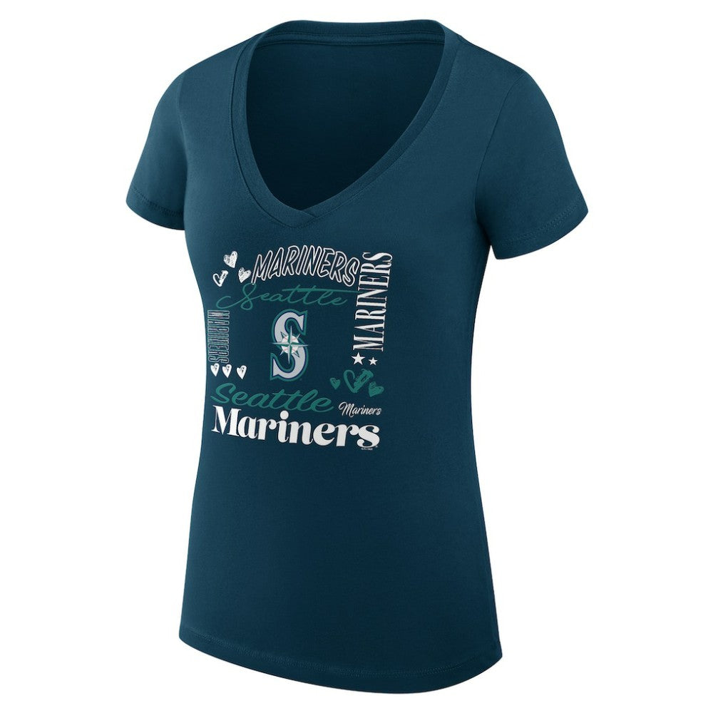 Seattle Mariners G-III 4Her by Carl Banks Women's Super-Slim Fit Lightweight Collage Team Graphic V-Neck T-Shirt - Navy T-shirts