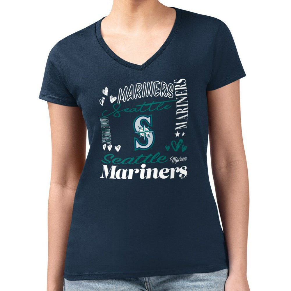 Seattle Mariners G-III 4Her by Carl Banks Women's Super-Slim Fit Lightweight Collage Team Graphic V-Neck T-Shirt - Navy T-shirts
