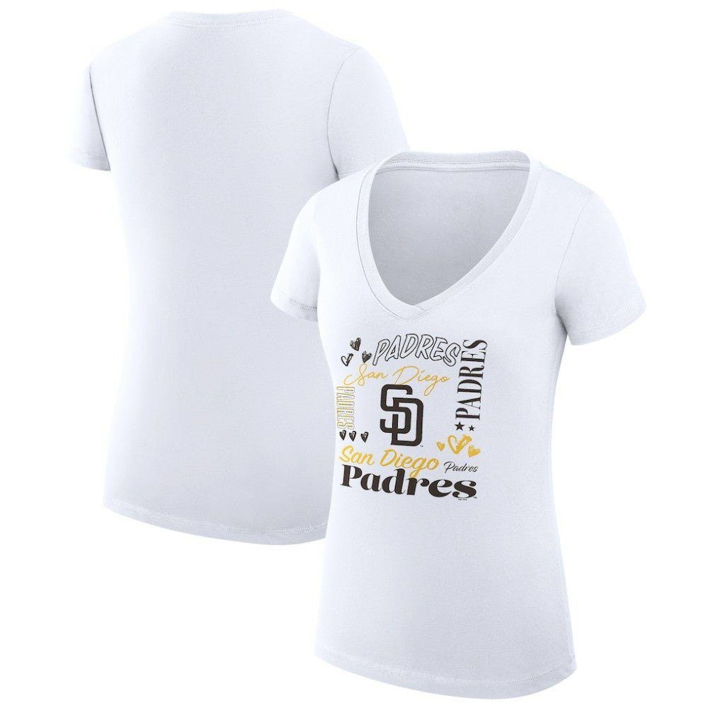 San Diego Padres G-III 4Her by Carl Banks Women's Super-Slim Fit Lightweight Collage Team Graphic V-Neck T-Shirt - White T-shirts