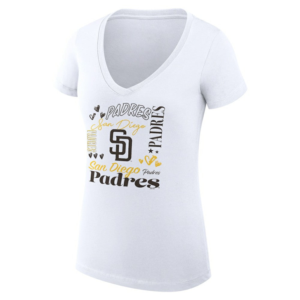 San Diego Padres G-III 4Her by Carl Banks Women's Super-Slim Fit Lightweight Collage Team Graphic V-Neck T-Shirt - White T-shirts