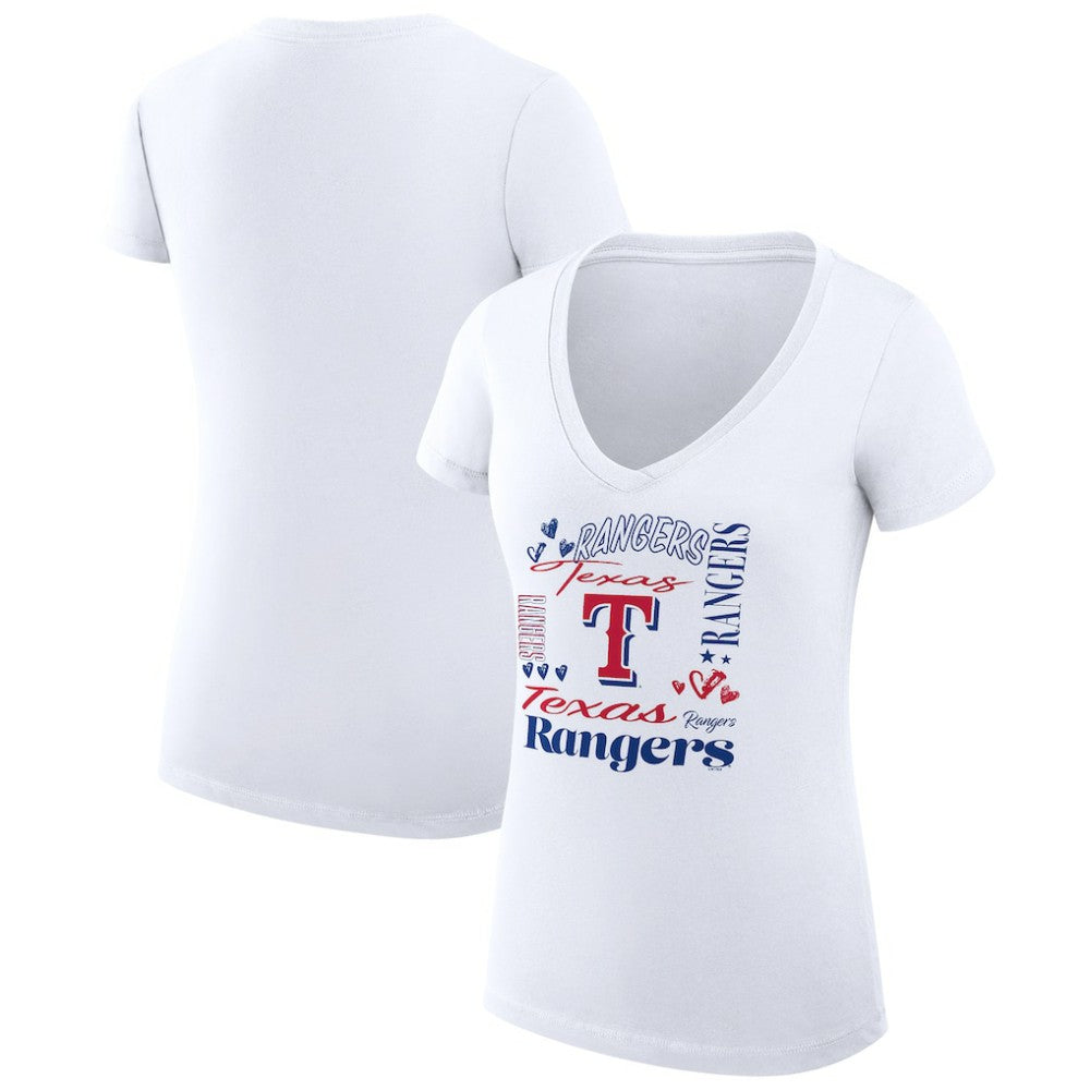 Texas Rangers G-III 4Her by Carl Banks Women's Super-Slim Fit Lightweight Collage Team Graphic V-Neck T-Shirt - White T-shirts
