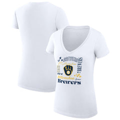 Milwaukee Brewers G-III 4Her by Carl Banks Women's Super-Slim Fit Lightweight Collage Team Graphic V-Neck T-Shirt - White T-shirts