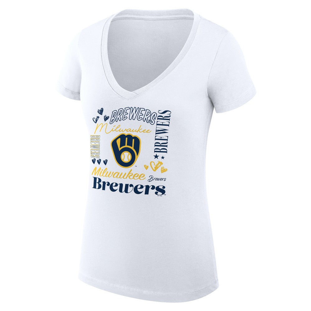 Milwaukee Brewers G-III 4Her by Carl Banks Women's Super-Slim Fit Lightweight Collage Team Graphic V-Neck T-Shirt - White T-shirts