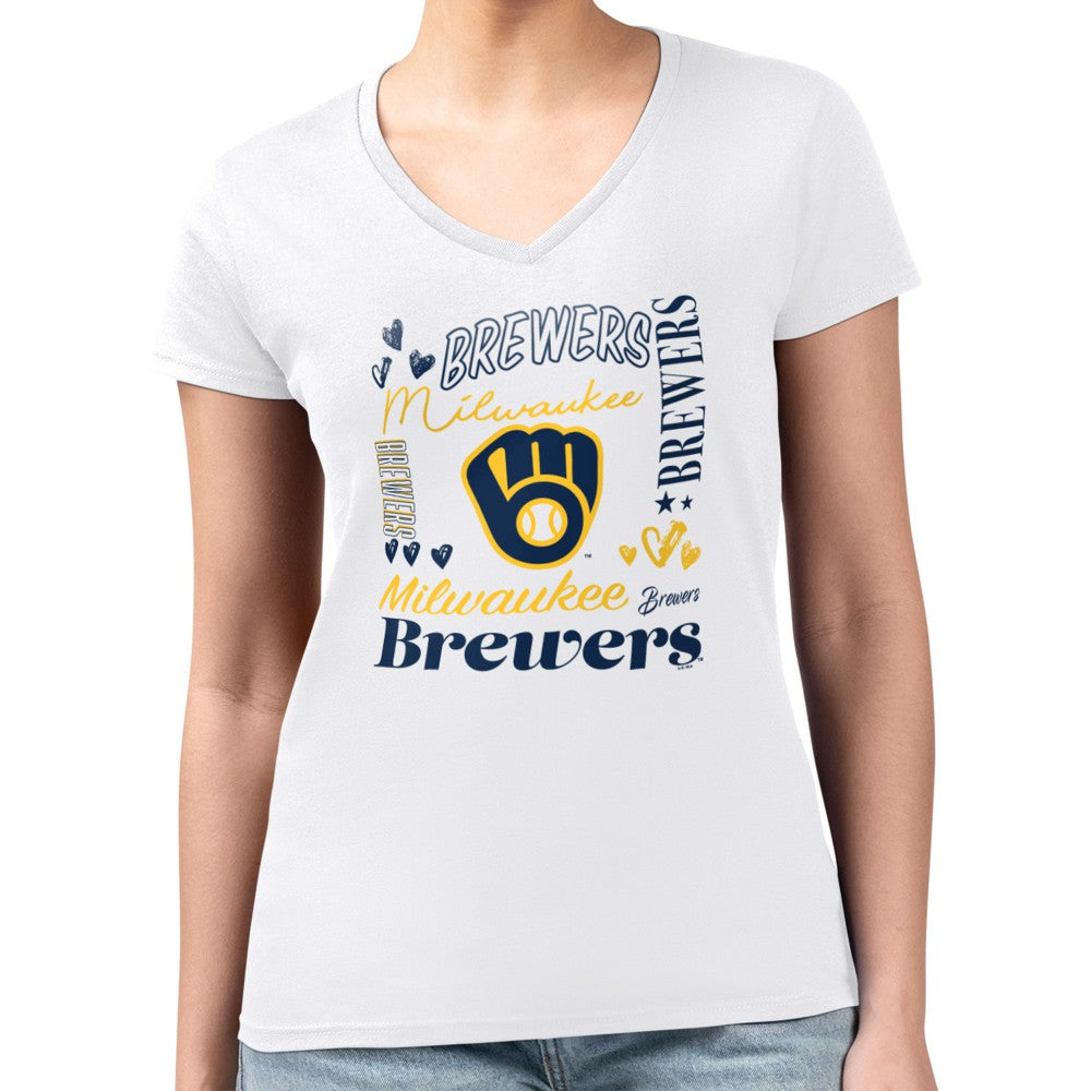 Milwaukee Brewers G-III 4Her by Carl Banks Women's Super-Slim Fit Lightweight Collage Team Graphic V-Neck T-Shirt - White T-shirts