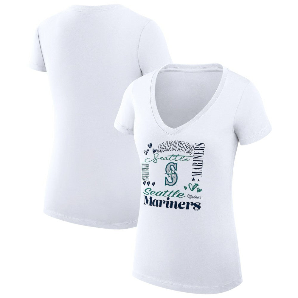 Seattle Mariners G-III 4Her by Carl Banks Women's Super-Slim Fit Lightweight Collage Team Graphic V-Neck T-Shirt - White T-shirts