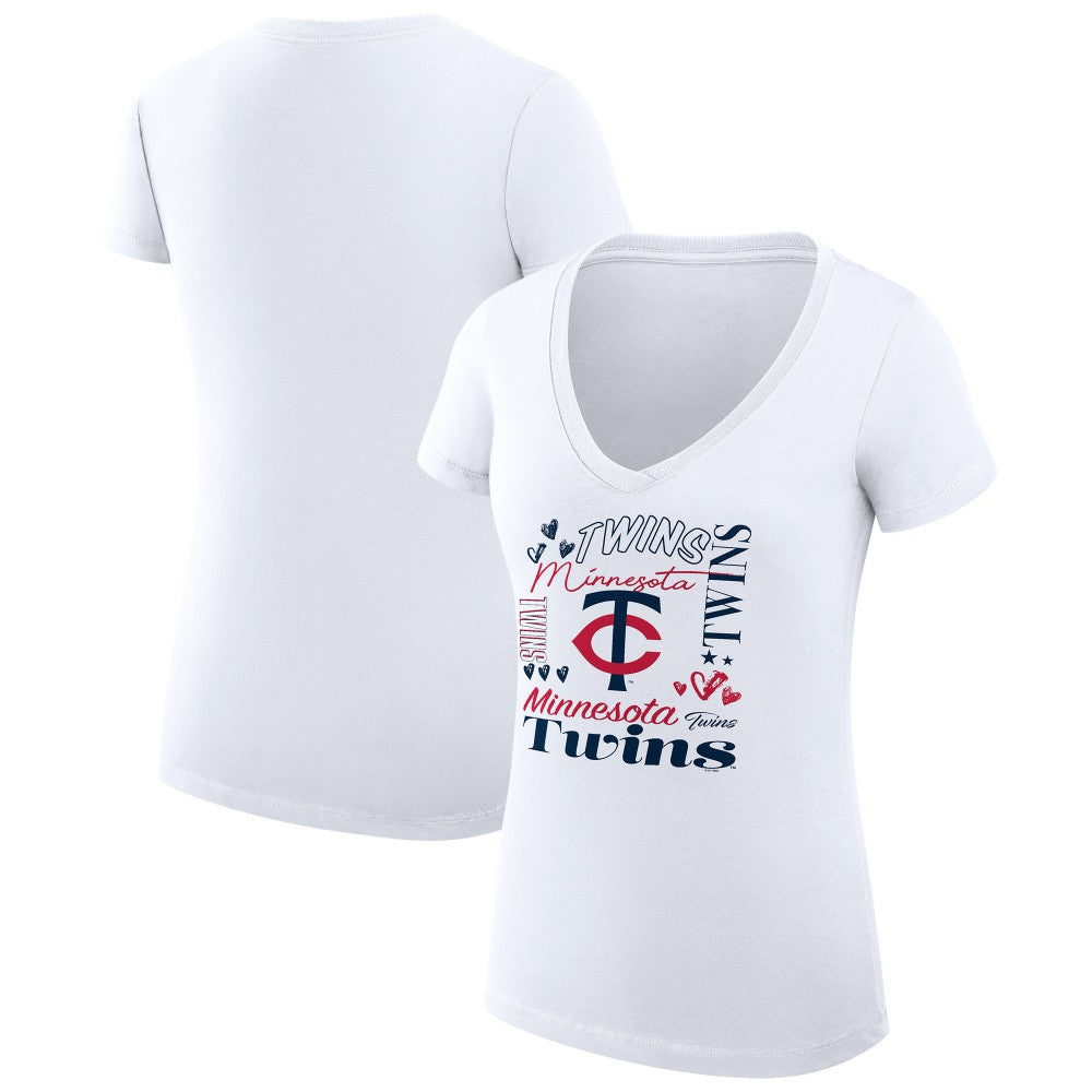 Minnesota Twins G-III 4Her by Carl Banks Women's Super-Slim Fit Lightweight Collage Team Graphic V-Neck T-Shirt - White T-shirts
