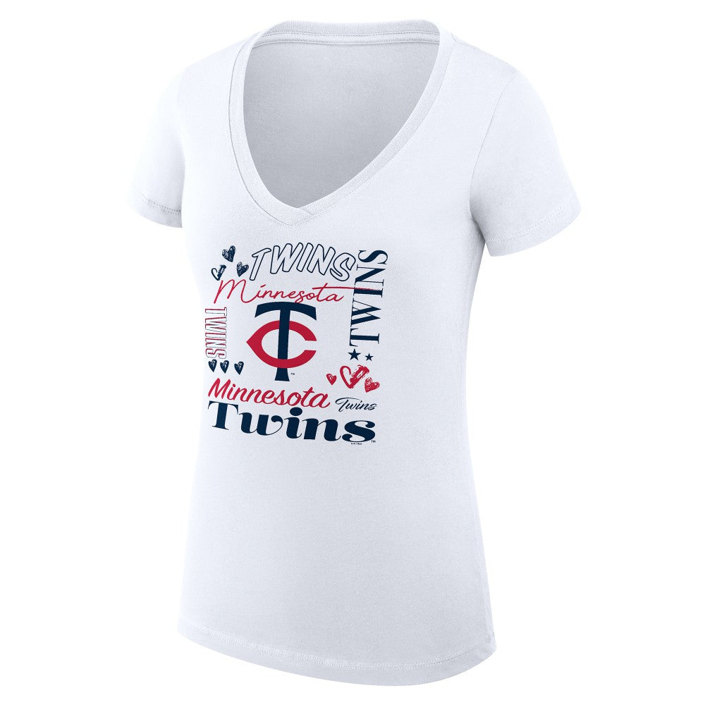 Minnesota Twins G-III 4Her by Carl Banks Women's Super-Slim Fit Lightweight Collage Team Graphic V-Neck T-Shirt - White T-shirts