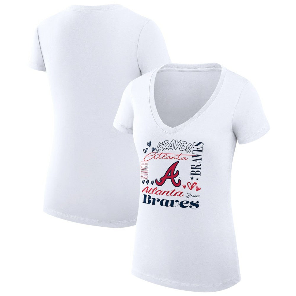 Atlanta Braves G-III 4Her by Carl Banks Women's Super-Slim Fit Lightweight Collage Team Graphic V-Neck T-Shirt - White T-shirts