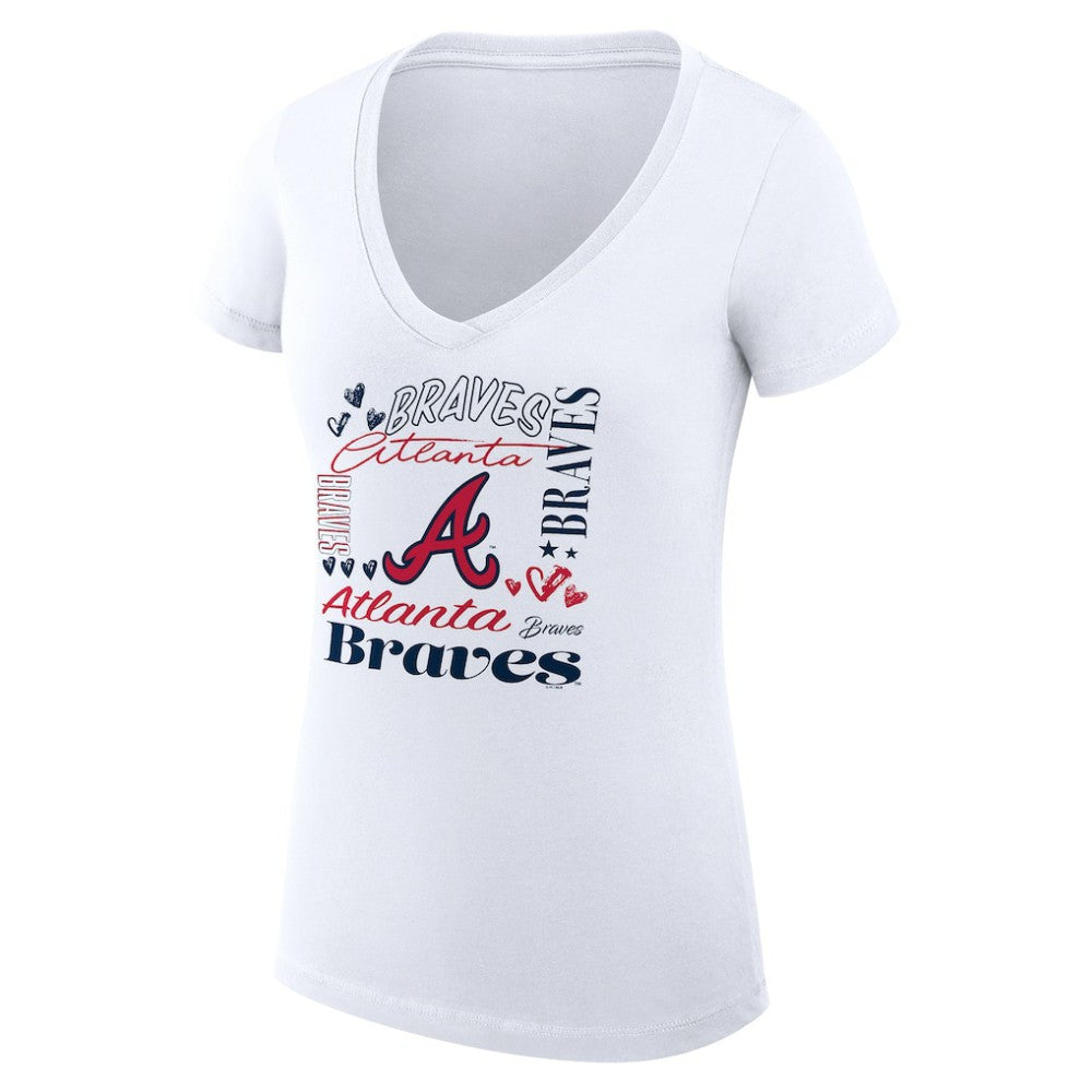 Atlanta Braves G-III 4Her by Carl Banks Women's Super-Slim Fit Lightweight Collage Team Graphic V-Neck T-Shirt - White T-shirts