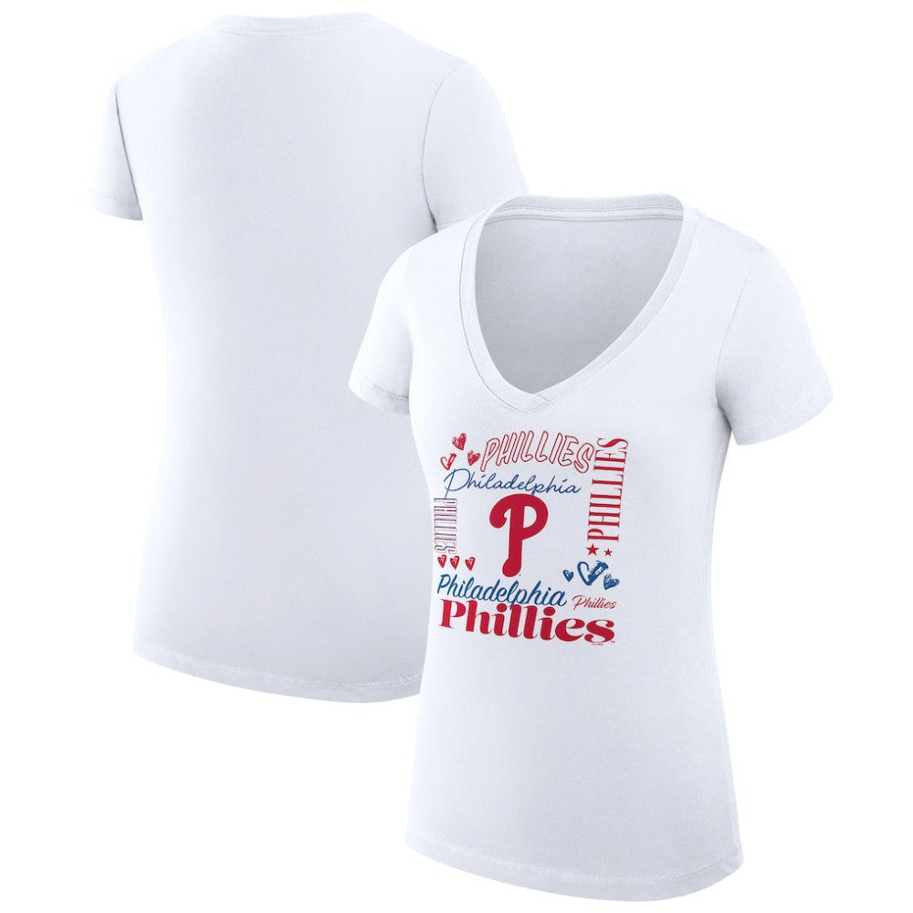 Philadelphia Phillies G-III 4Her by Carl Banks Women's Super-Slim Fit Lightweight Collage Team Graphic V-Neck T-Shirt - White T-shirts