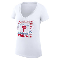 Philadelphia Phillies G-III 4Her by Carl Banks Women's Super-Slim Fit Lightweight Collage Team Graphic V-Neck T-Shirt - White T-shirts