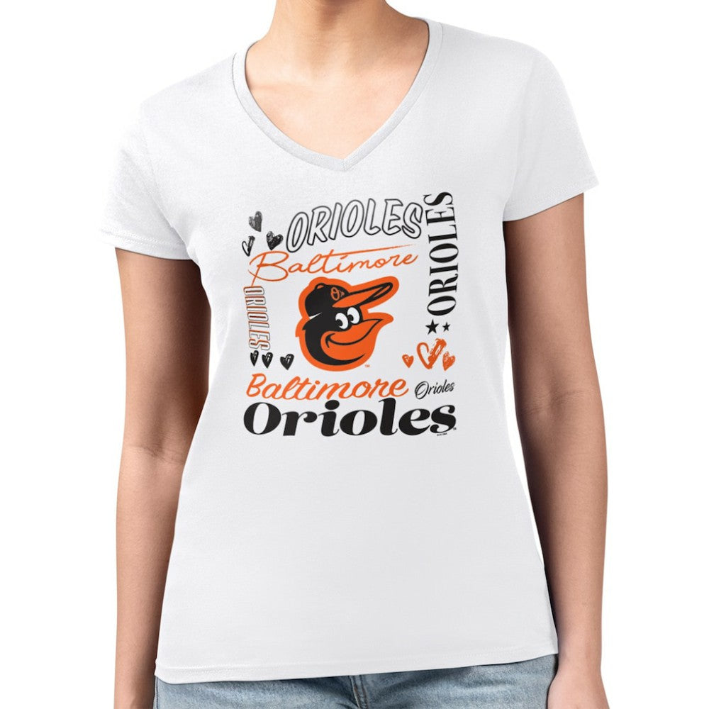 Baltimore Orioles G-III 4Her by Carl Banks Women's Super-Slim Fit Lightweight Collage Team Graphic V-Neck T-Shirt - White T-shirts