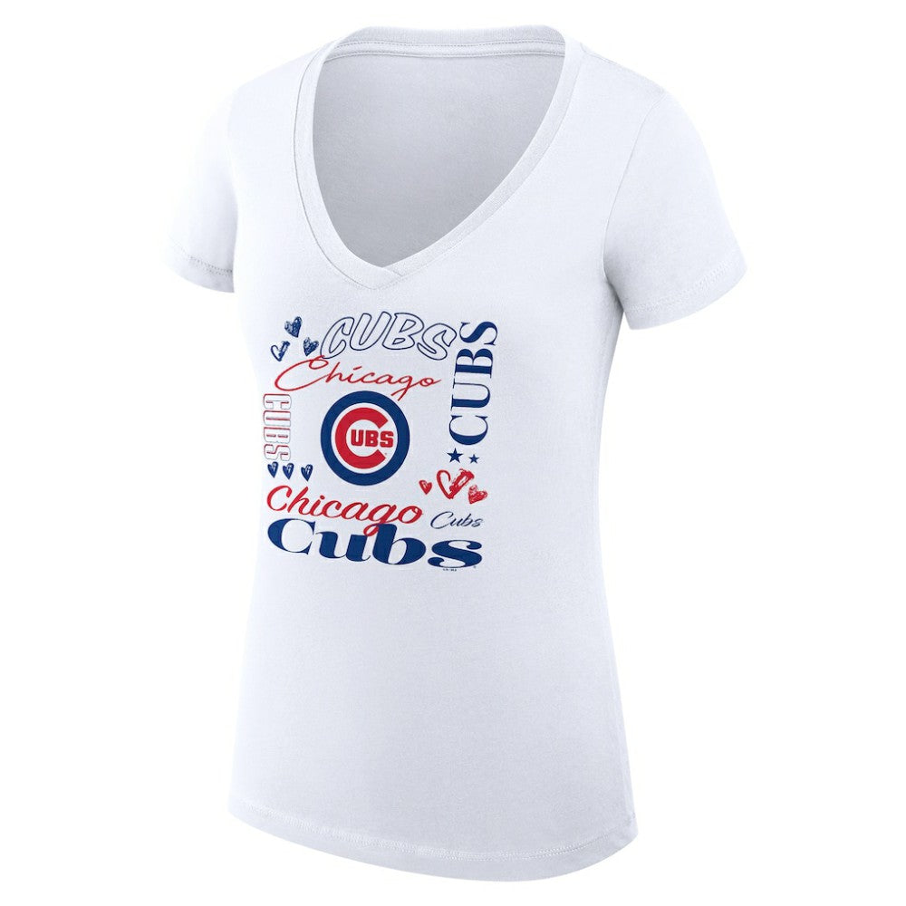 Chicago Cubs G-III 4Her by Carl Banks Women's Super-Slim Fit Lightweight Collage Team Graphic V-Neck T-Shirt - White T-shirts