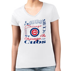 Chicago Cubs G-III 4Her by Carl Banks Women's Super-Slim Fit Lightweight Collage Team Graphic V-Neck T-Shirt - White T-shirts