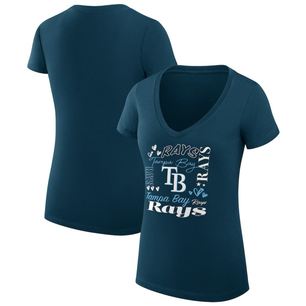 Tampa Bay Rays G-III 4Her by Carl Banks Women's Super-Slim Fit Lightweight Collage Team Graphic V-Neck T-Shirt - Navy T-shirts