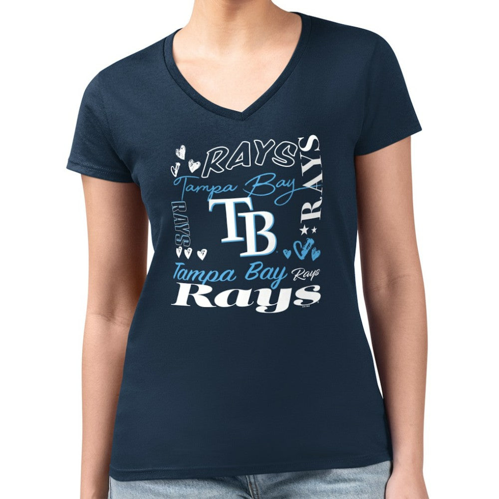Tampa Bay Rays G-III 4Her by Carl Banks Women's Super-Slim Fit Lightweight Collage Team Graphic V-Neck T-Shirt - Navy T-shirts