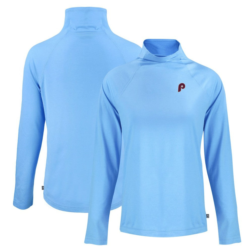 Philadelphia Phillies Cutter & Buck Women's Cooperstown Collection Coastline Epic Comfort Eco Recycled Funnel Neck Raglan Pullover Top - Powder Blue Pullover