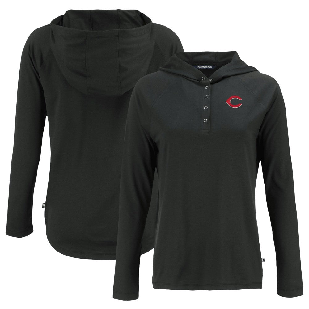 Cincinnati Reds Cutter & Buck Women's  Coastline Epic Comfort Eco Recycled Hoodie Raglan Long Sleeve T-Shirt - Black Hoodies