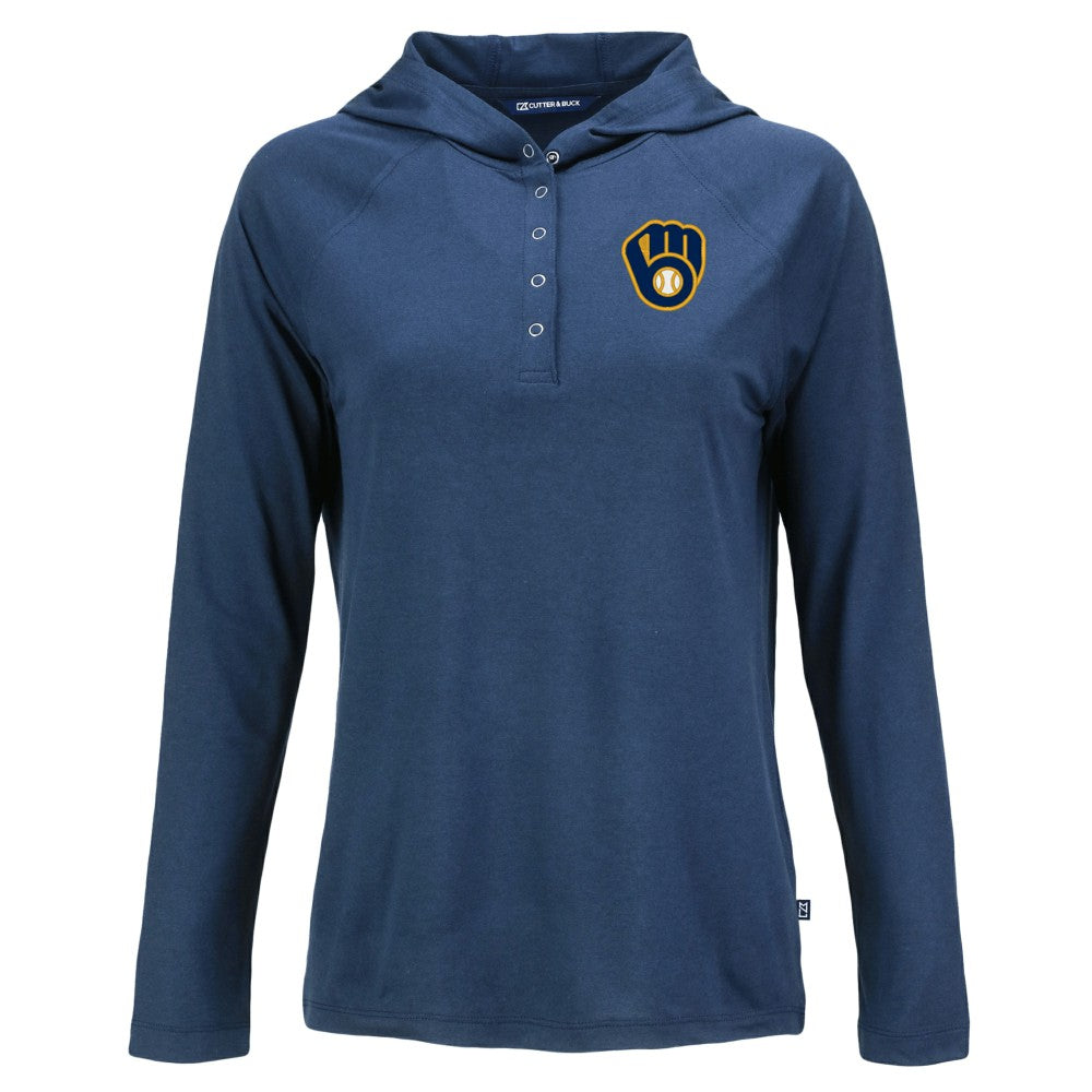 Milwaukee Brewers Cutter & Buck Women's  Coastline Epic Comfort Eco Recycled Hoodie Raglan Long Sleeve T-Shirt - Navy Hoodies