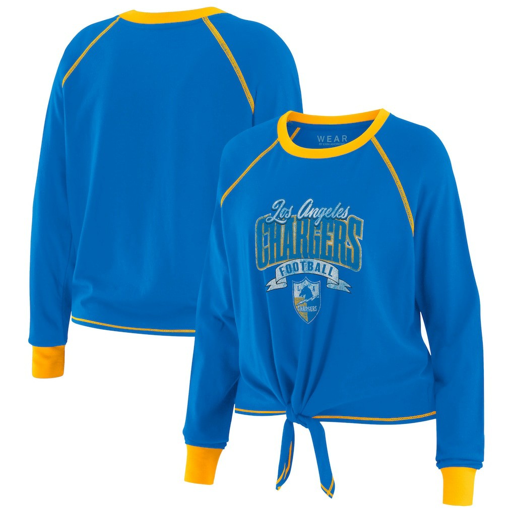 Los Angeles Chargers WEAR by Erin Andrews Women's Tie-Front Long Sleeve Top Powder Blue/Yellow