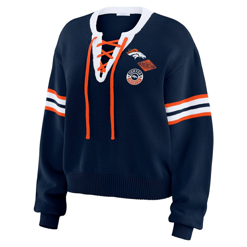 Denver Broncos WEAR by Erin Andrews Women's Lace-Up Pullover Sweatshirt Navy