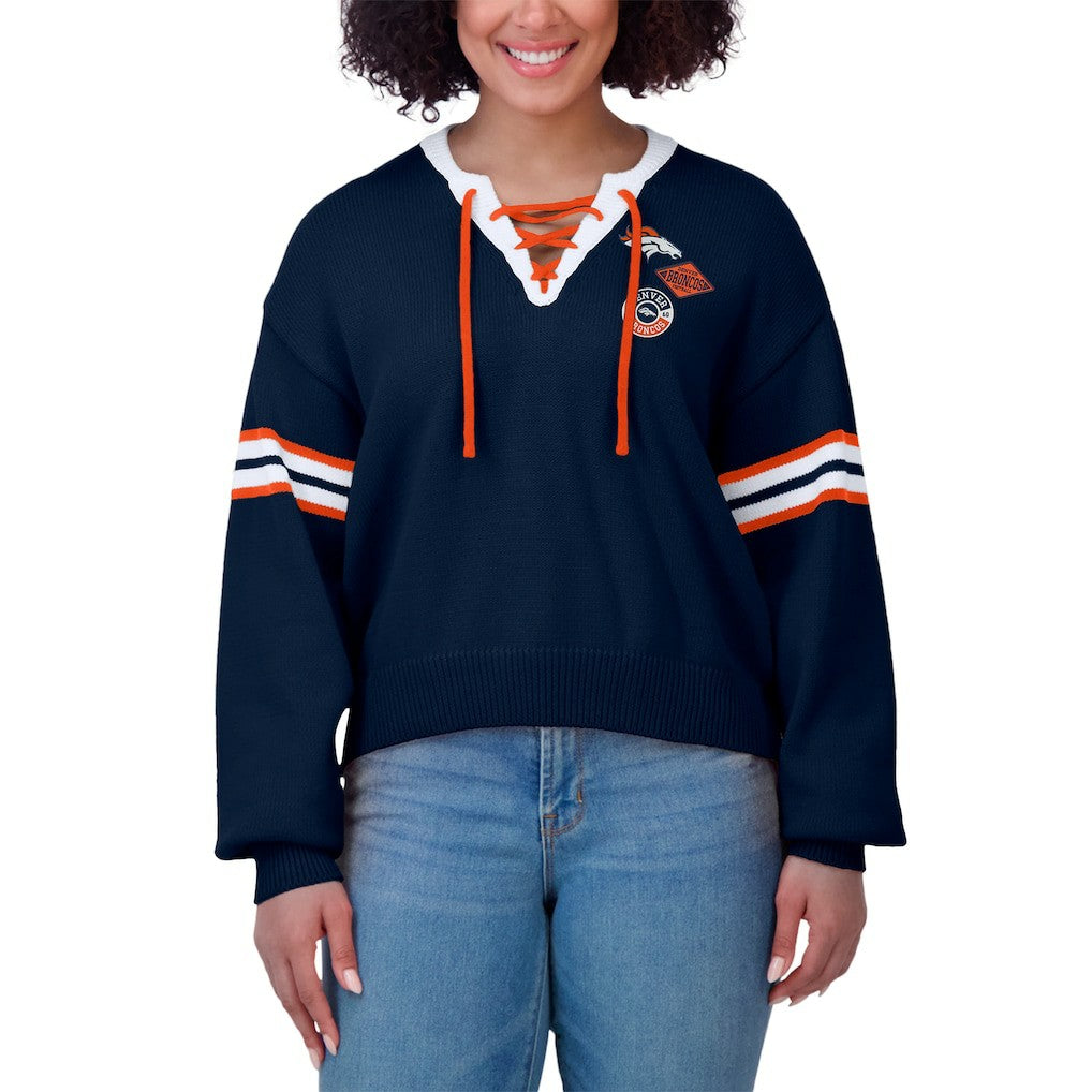 Denver Broncos WEAR by Erin Andrews Women's Lace-Up Pullover Sweatshirt Navy