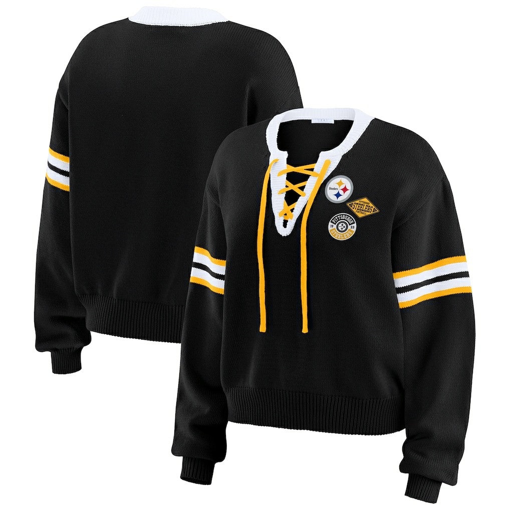 Pittsburgh Steelers WEAR by Erin Andrews Women's Lace-Up Pullover Sweatshirt Black
