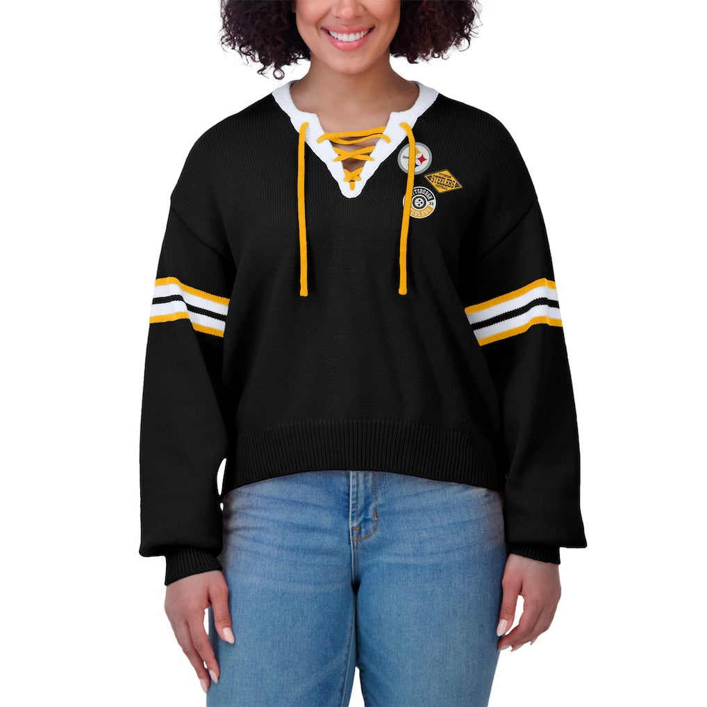 Pittsburgh Steelers WEAR by Erin Andrews Women's Lace-Up Pullover Sweatshirt Black