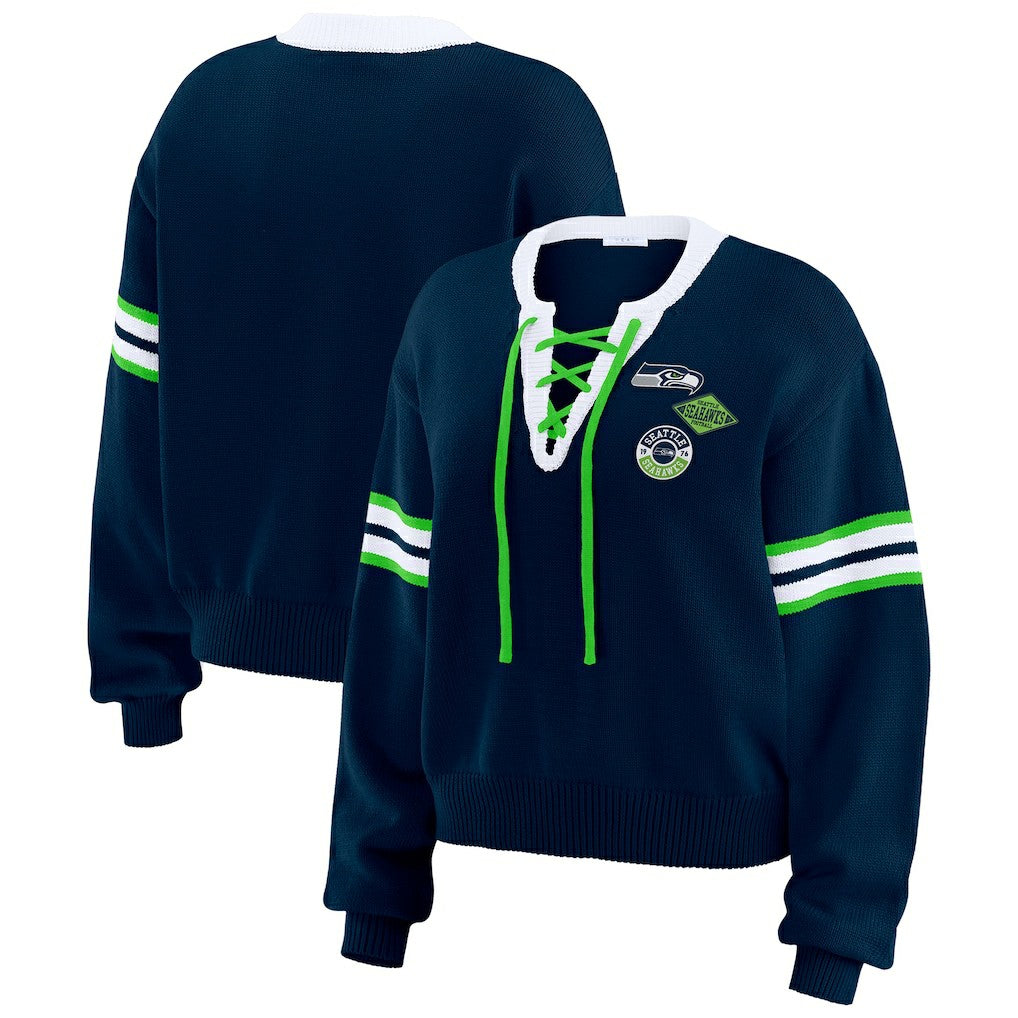 Seattle Seahawks WEAR by Erin Andrews Women's Lace-Up Pullover Sweatshirt Navy