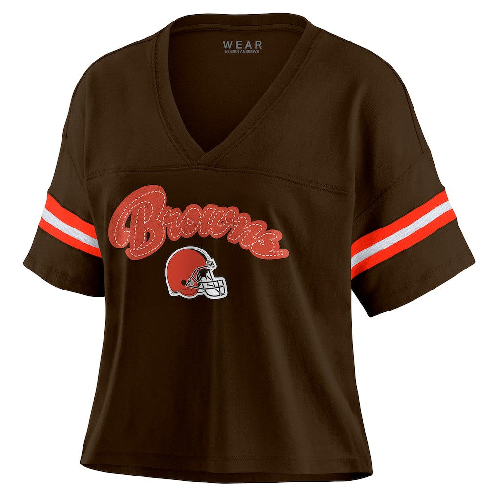 Cleveland Browns WEAR by Erin Andrews Women's Color Block Boxy Modest Crop V-Neck T-Shirt Brown