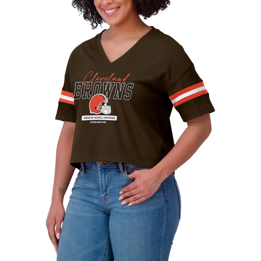 Cleveland Browns WEAR by Erin Andrews Women's Color Block Boxy Modest Crop V-Neck T-Shirt Brown