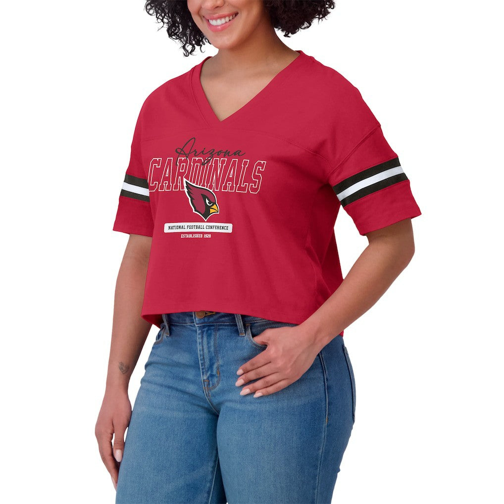 Arizona Cardinals WEAR by Erin Andrews Women's Color Block Boxy Modest Crop V-Neck T-Shirt Cardinal
