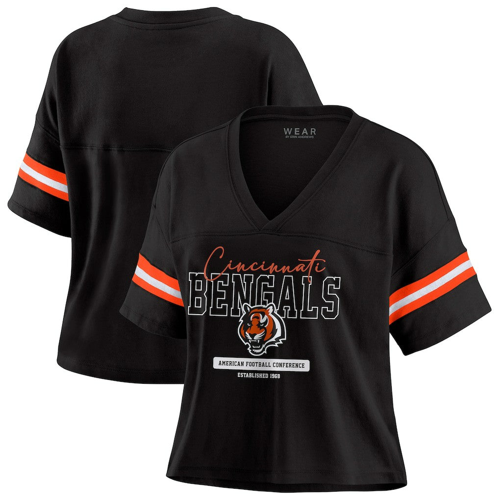 Cincinnati Bengals WEAR by Erin Andrews Women's Color Block Boxy Modest Crop V-Neck T-Shirt Black