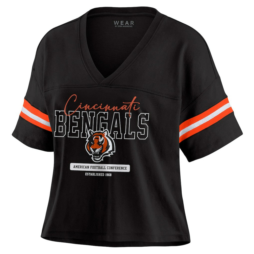 Cincinnati Bengals WEAR by Erin Andrews Women's Color Block Boxy Modest Crop V-Neck T-Shirt Black
