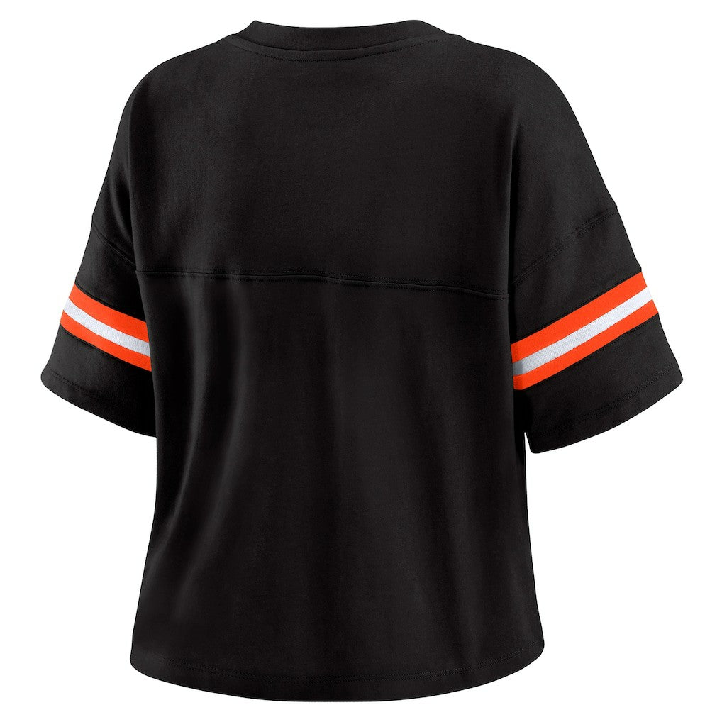 Cincinnati Bengals WEAR by Erin Andrews Women's Color Block Boxy Modest Crop V-Neck T-Shirt Black