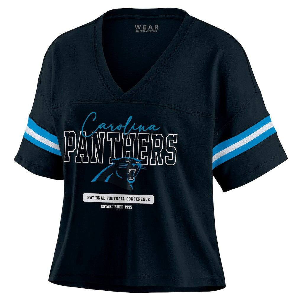 Carolina Panthers WEAR by Erin Andrews Women's Color Block Boxy Modest Crop V-Neck T-Shirt Black