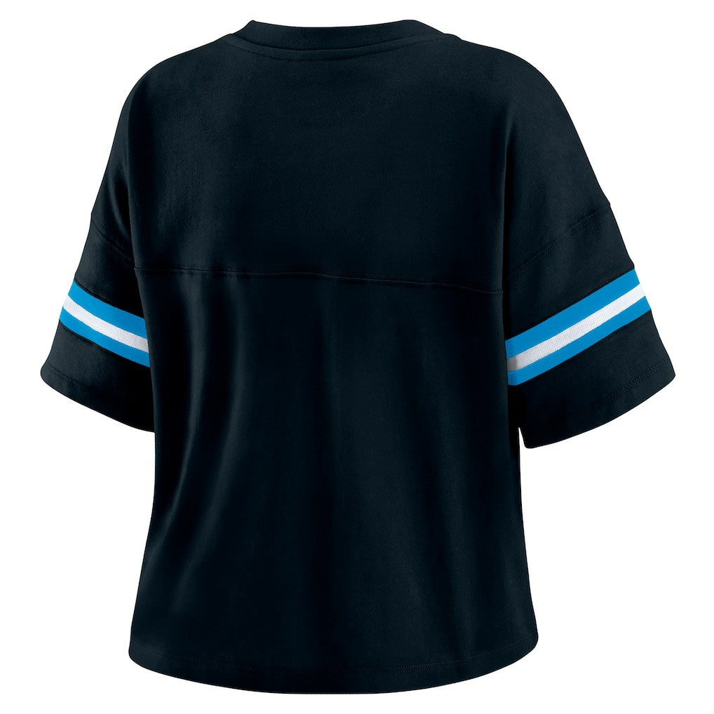 Carolina Panthers WEAR by Erin Andrews Women's Color Block Boxy Modest Crop V-Neck T-Shirt Black
