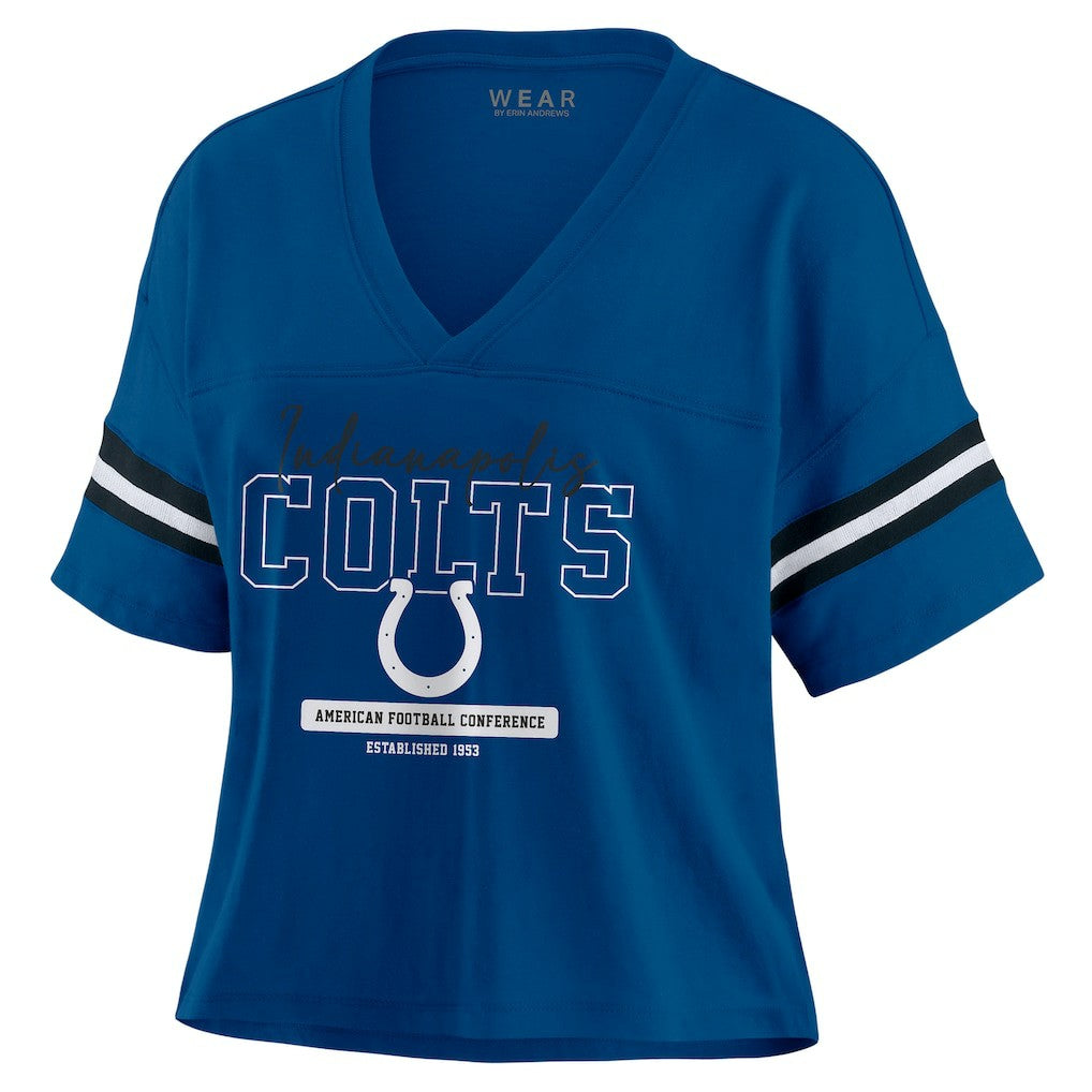 Indianapolis Colts WEAR by Erin Andrews Women's Color Block Boxy Modest Crop V-Neck T-Shirt Royal