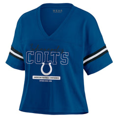 Indianapolis Colts WEAR by Erin Andrews Women's Color Block Boxy Modest Crop V-Neck T-Shirt Royal