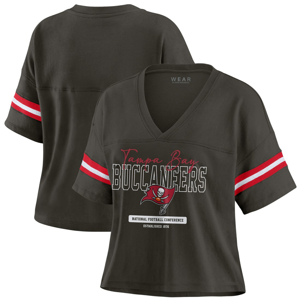 Tampa Bay Buccaneers WEAR by Erin Andrews Women's Color Block Boxy Modest Crop V-Neck T-Shirt Orange