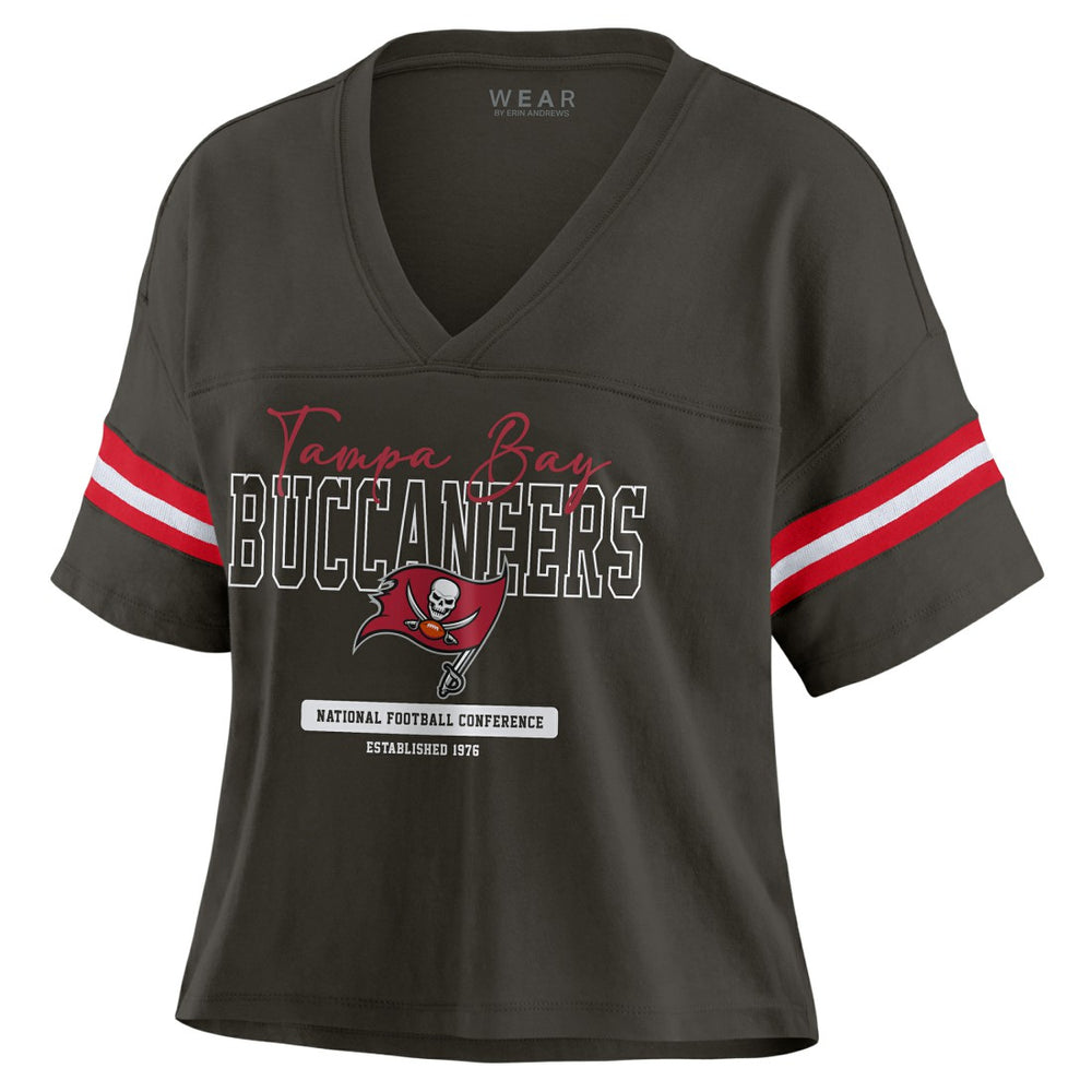 Tampa Bay Buccaneers WEAR by Erin Andrews Women's Color Block Boxy Modest Crop V-Neck T-Shirt Orange